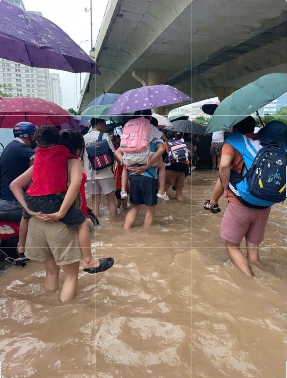 Đường ngập sâu tại khu vực phường Yên Nghĩa khiến phụ huynh phải cõng con em đến trường.