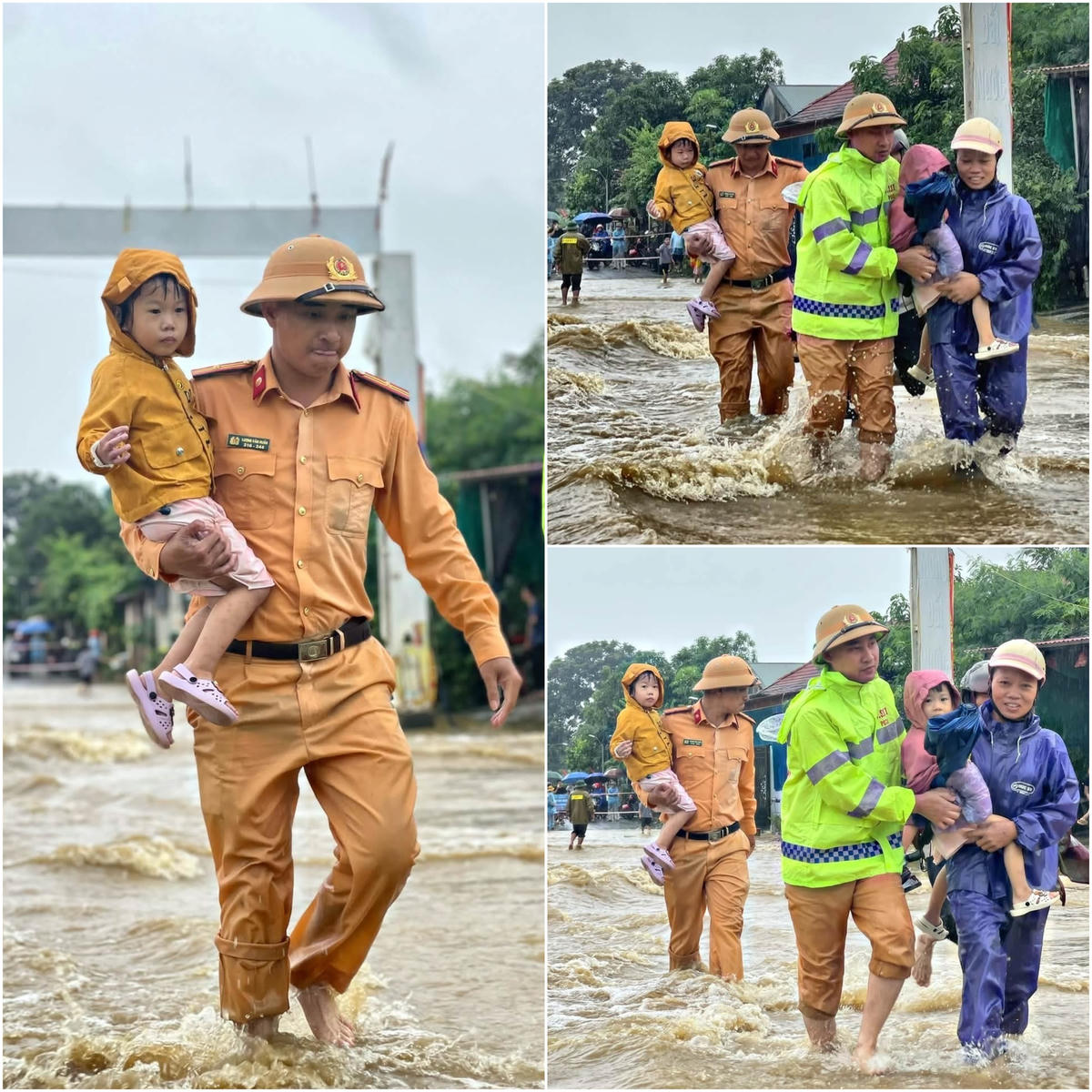 Lực lượng CSGT Công an tỉnh Thanh Hóa đưa người dân đi qua các điểm tràn bị ngập. Ảnh: Thành Cháo