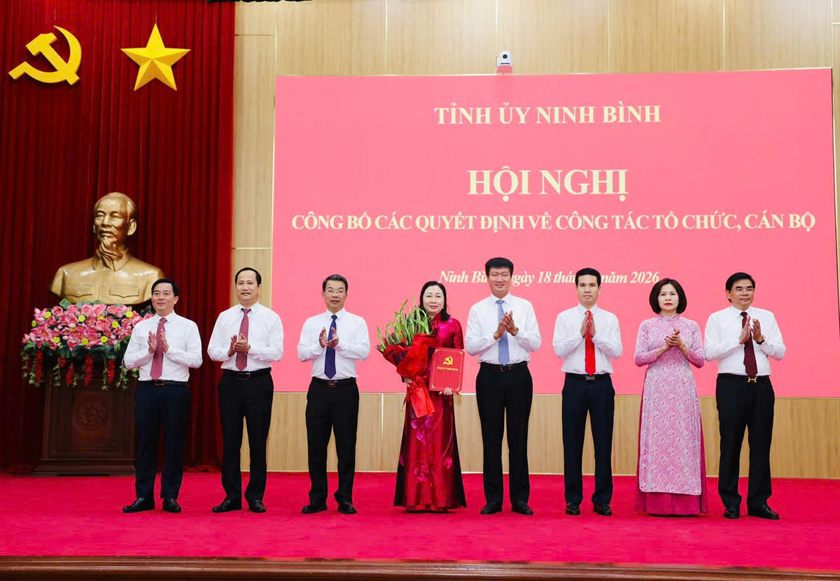 Bí thư Tỉnh ủy Ninh Bình Trần Huy Tuấn trao quyết định thành lập Đảng bộ MTTQ, các đoàn thể tỉnh. Ảnh: Đức Lam