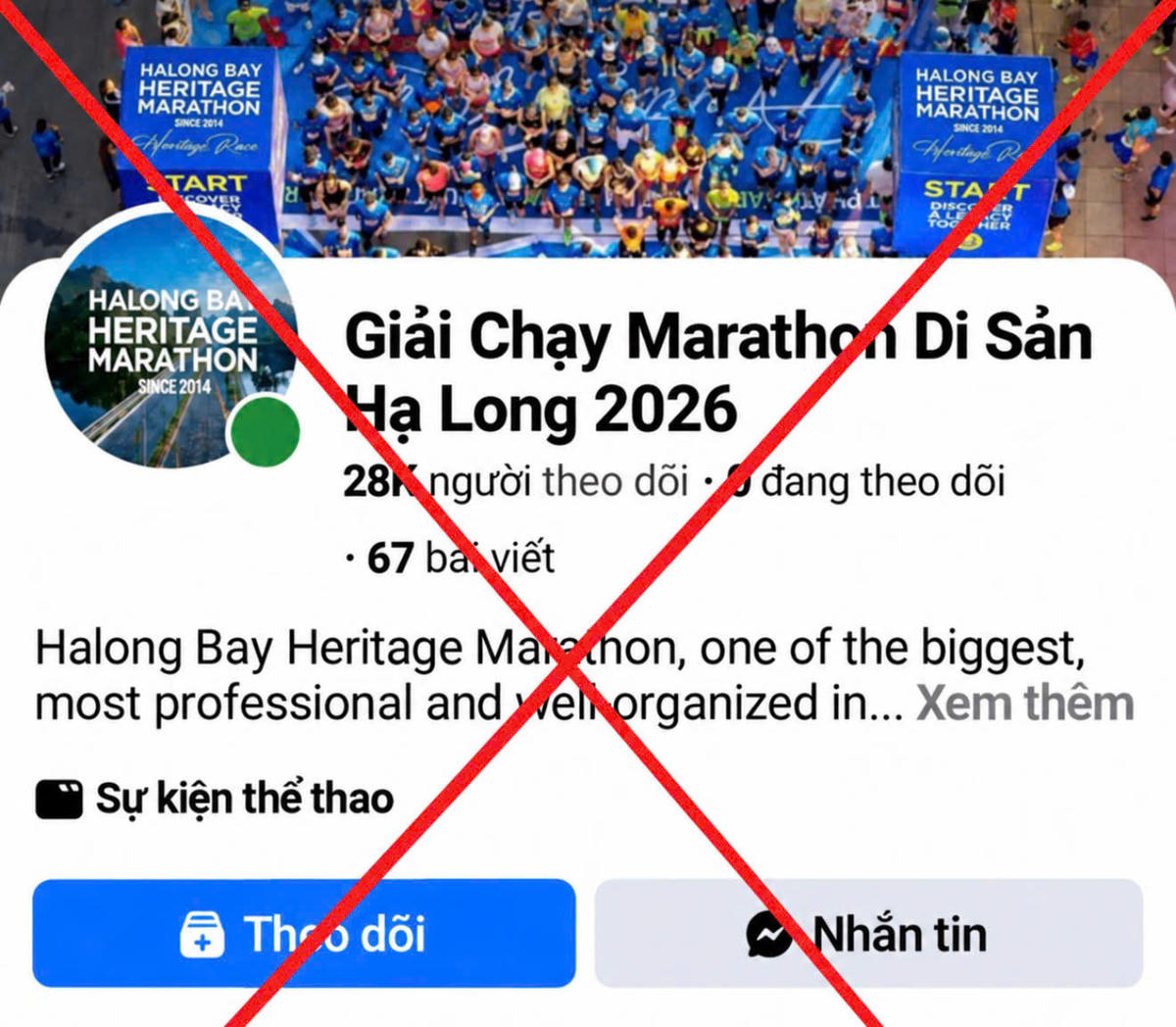 Fanpage giả mạo Giải Marathon Quốc tế Di sản Hạ Long 2026 có hàng chục nghìn người theo dõi. Ảnh: C.A TP Quảng Ninh