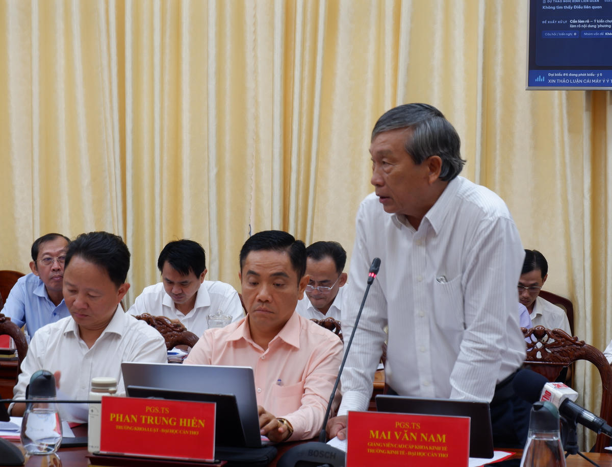 PGS.TS Mai Văn Nam, Giảng viên Cao cấp khoa Kinh tế, trường Kinh tế, Đại học Cần Thơ đóng góp tại hội nghị. (Ảnh: Diệu Hoà)