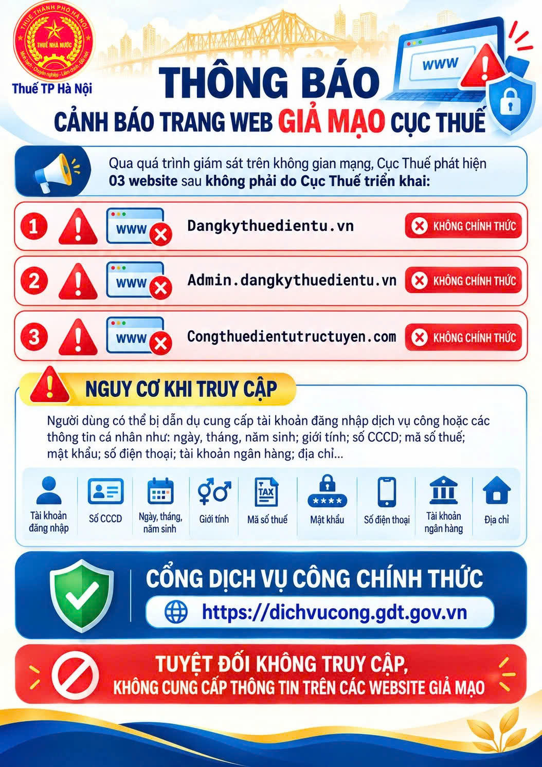 Thông báo cảnh báo trang Web giả mạo Cục Thuế