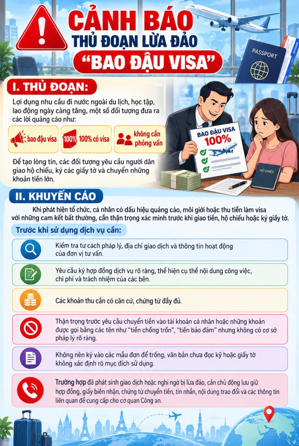  Cảnh báo thủ đoạn lừa đảo “bao đậu visa”. Ảnh: TN