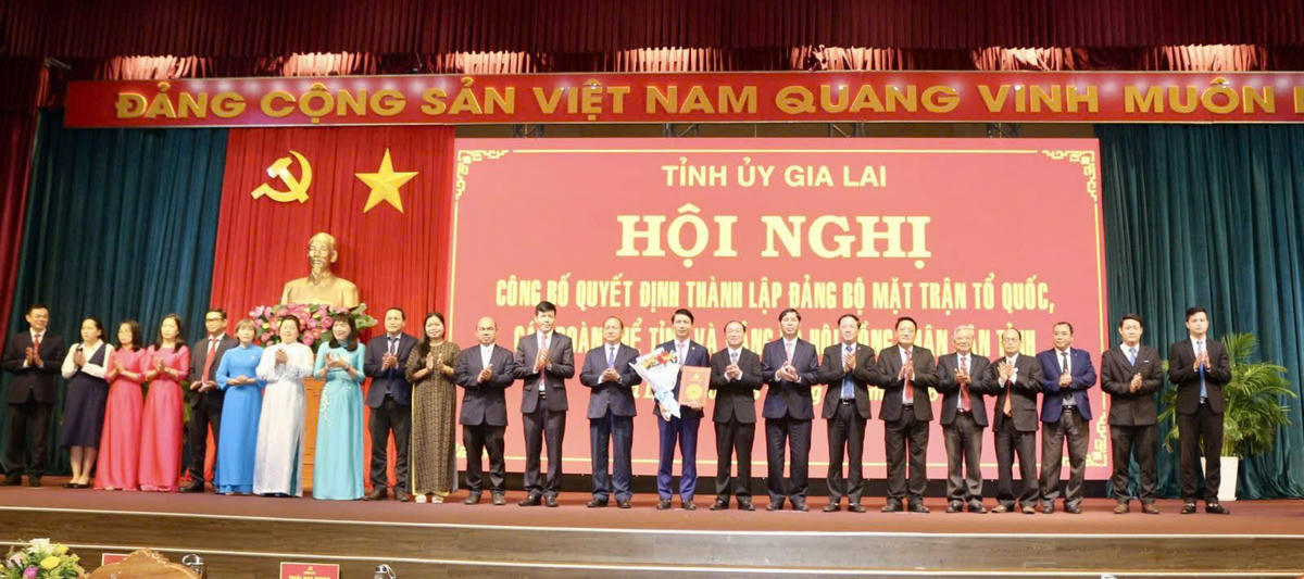 Lãnh đạo tỉnh Gia Lai trao quyết định thành lập Đảng bộ Mặt trận Tổ quốc, các đoàn thể tỉnh. Ảnh: UB.