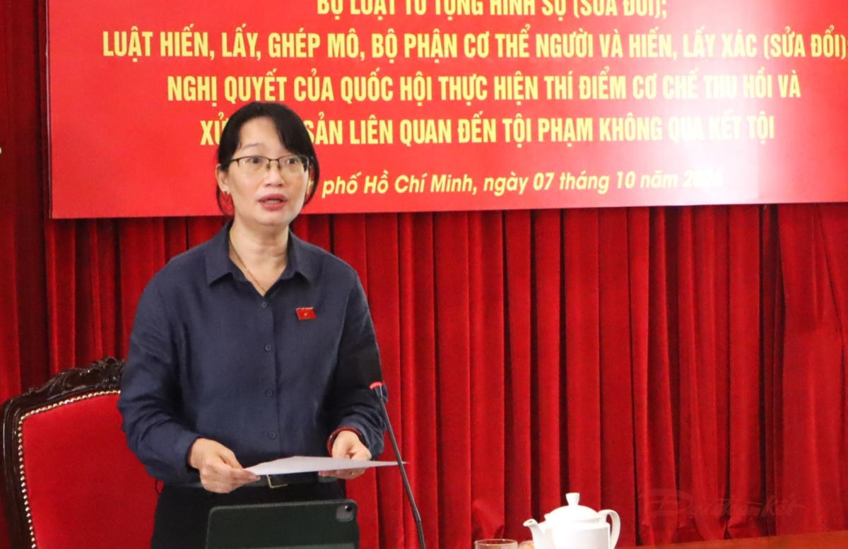 Bà Trần Thị Diệu Thúy, Thành ủy viên, Phó Trưởng đoàn chuyên trách Đoàn ĐBQH TPHCM phát biểu định hướng góp ý tại hội nghị. Ảnh: T.Luân.