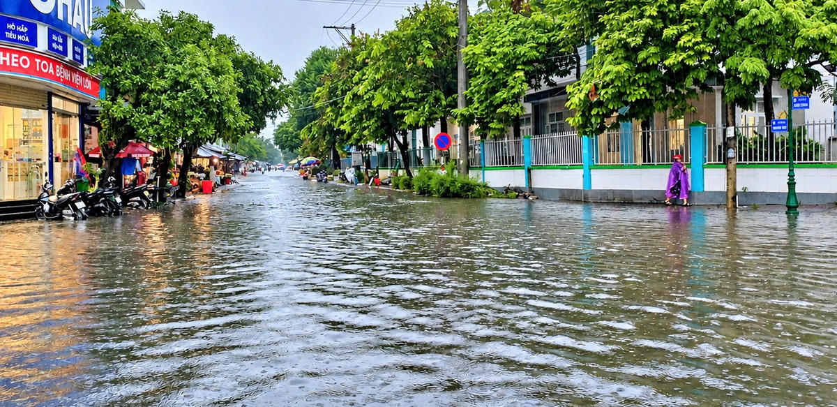 Đoạn đường Hùng Vương giao với đường Nguyễn Dục, phường Tam Kỳ ngập nước sâu. Ảnh: CĐ.