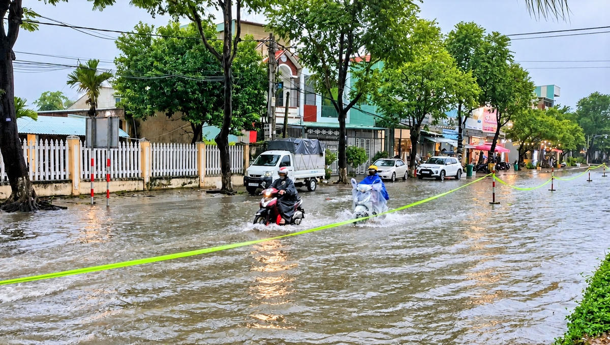 Phương tiện lưu thông đoạn đường ngập nước phía nam của TP Đà Nẵng khó khăn. Ảnh: NT.