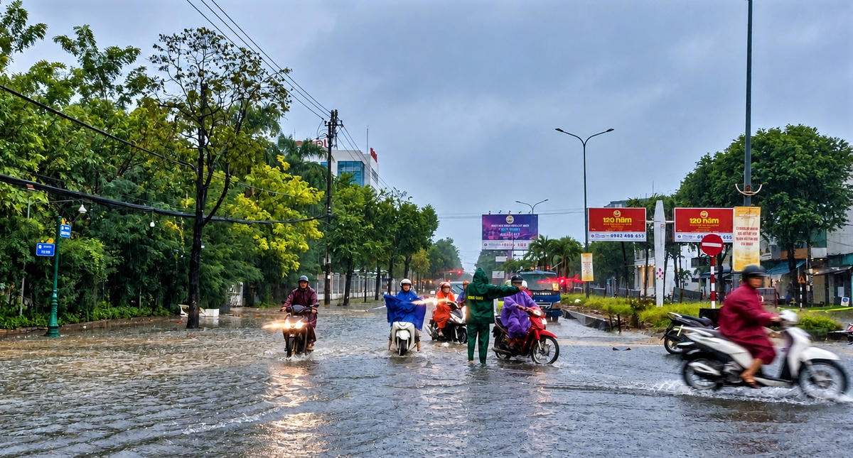 Tuyến đường Hùng Vương, đoạn qua phường Tam Kỳ bị ngập nước phương tiện quay đầu. Ảnh: CĐ.