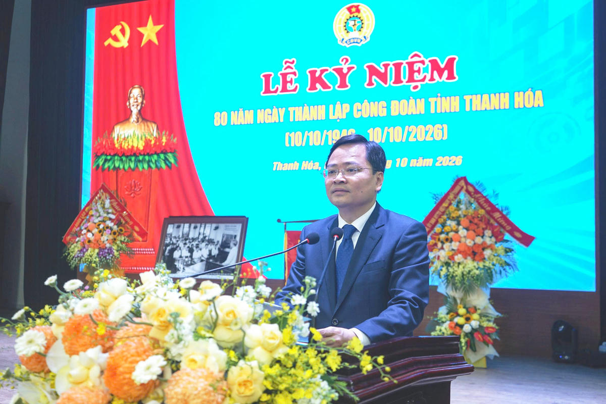 Chủ tịch Tổng LĐLĐ Việt Nam Nguyễn Anh Tuấn phát biểu tại lễ kỷ niệm. Ảnh: Q.D