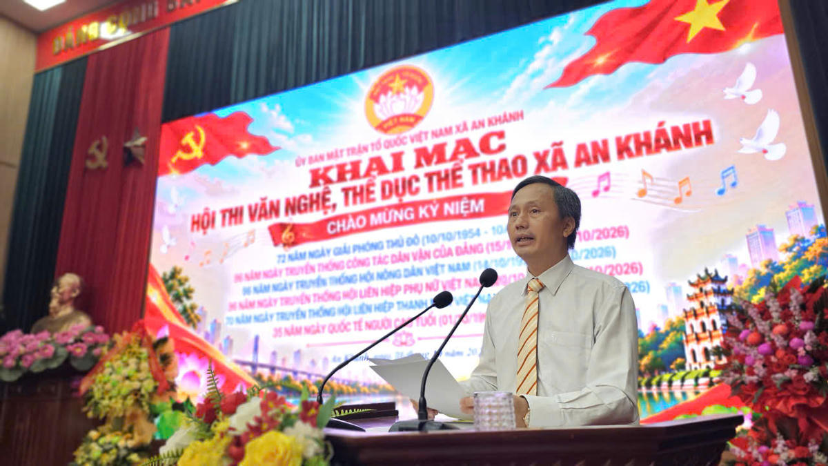 Ông Tạ Văn Thắng, Ủy viên Ban Thường vụ Đảng ủy, Chủ tịch Ủy ban MTTQ Việt Nam xã An Khánh phát biểu tại hội thi. Ảnh: Đạt Lê
