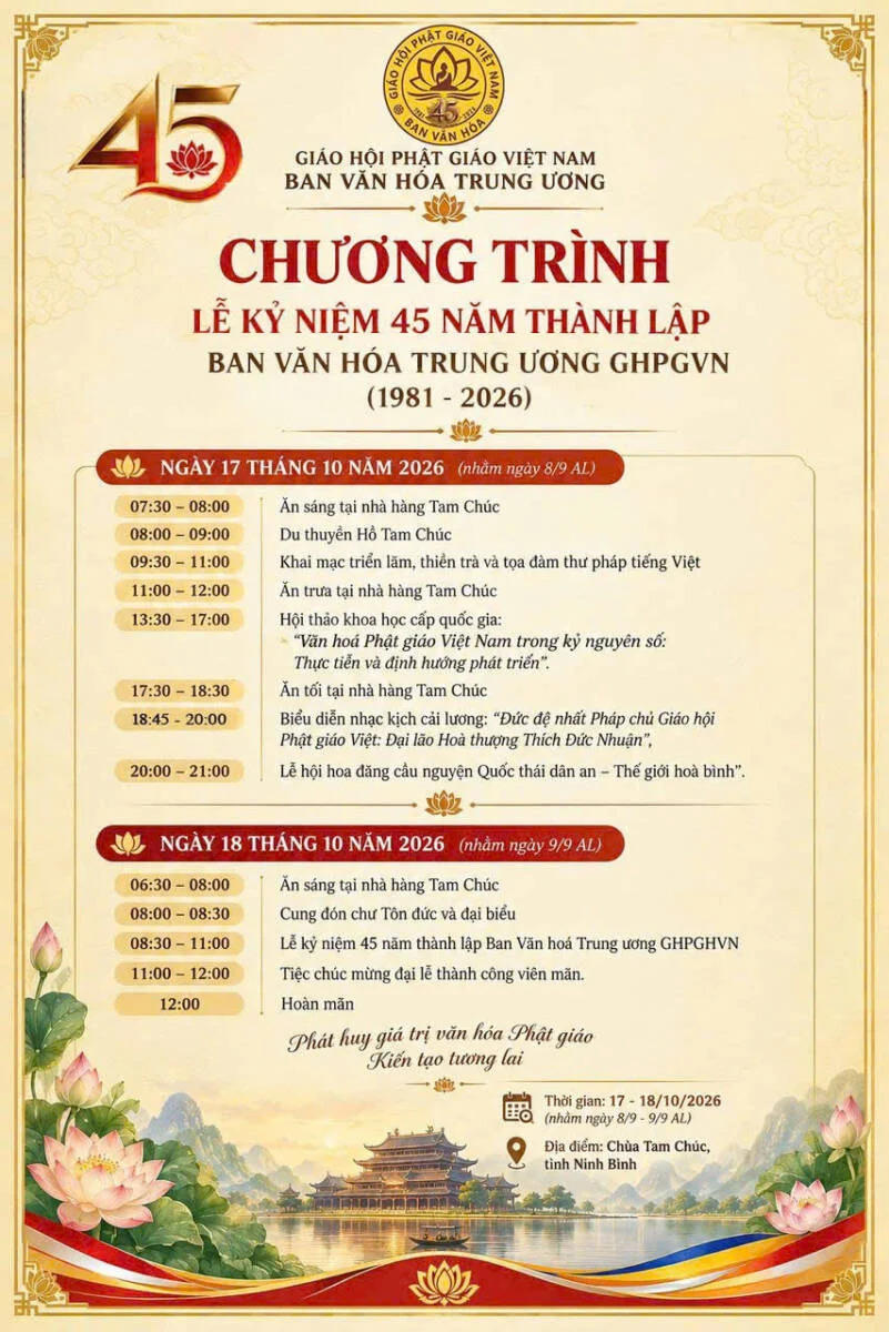 Chương trình Đại lễ kỷ niệm 45 năm thành lập Ban Văn hóa Trung ương GHPGVN, diễn ra trong hai ngày 17–18/10 tại chùa Tam Chúc (Ninh Bình), với nhiều hoạt động văn hóa, học thuật và nghệ thuật Phật giáo. Ảnh: PGĐS.
