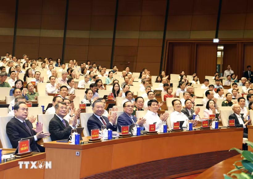 Tổng Bí thư, Chủ tịch nước Tô Lâm và các đại biểu dự hội nghị tại điểm cầu Trung tâm Nhà Quốc hội (Hà Nội). (Ảnh: Thống Nhất/TTXVN).