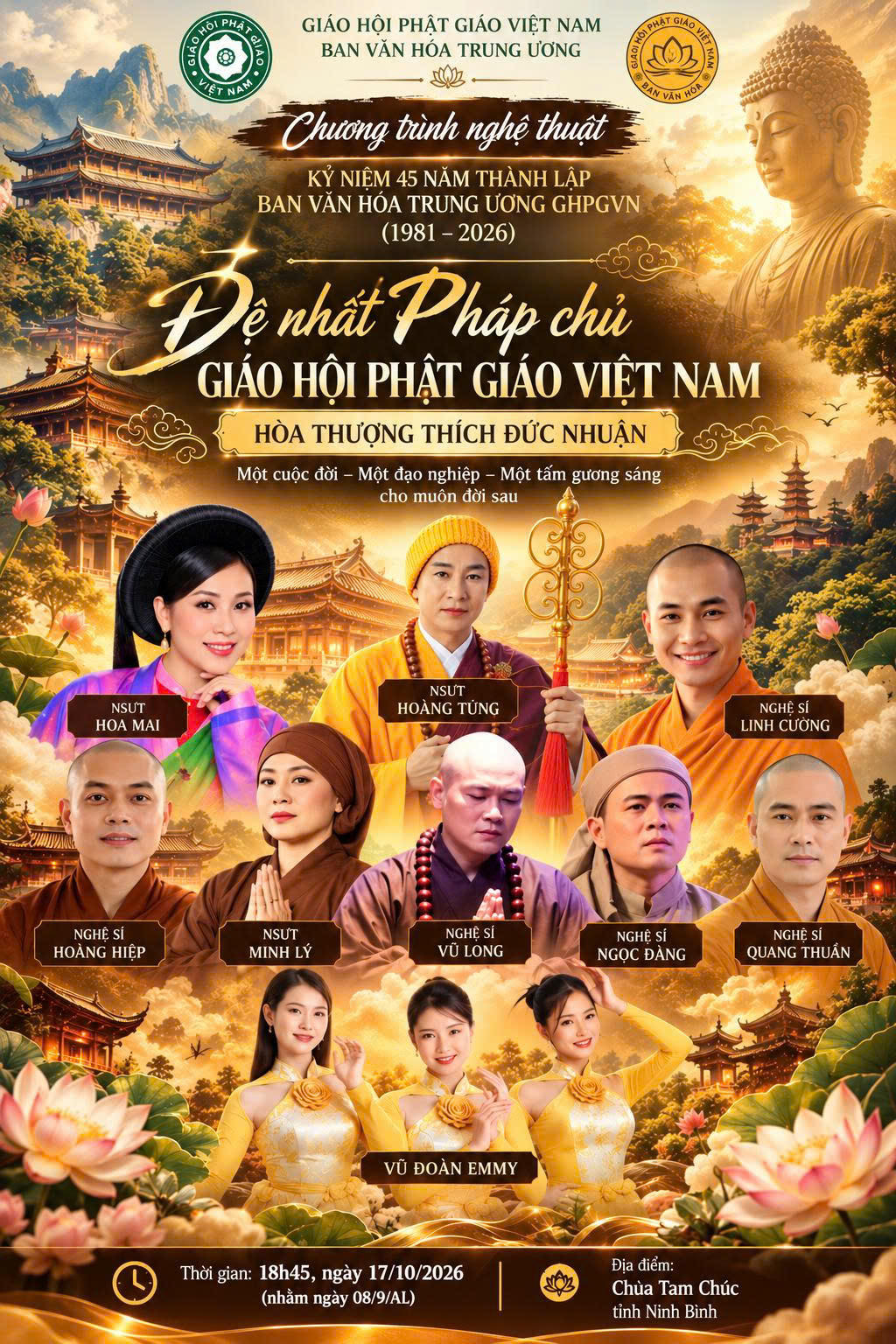 các nghệ sĩ tham gia vở nhạc kịch cải lương “Đức Đệ nhất Pháp chủ Giáo hội Phật giáo Việt Nam: Đại lão Hòa thượng Thích Đức Nhuận”.