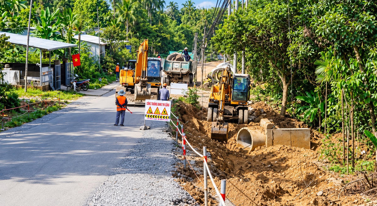 Đơn vị thi công tại dự án liên kết vùng miền Trung, đoạn qua xã Thạnh Bình (Đà Nẵng). Ảnh: Tấn Thành.