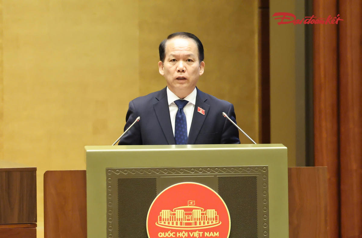 Bộ trưởng Bộ Tư pháp Hoàng Thanh Tùng báo cáo trước Quốc hội (Ảnh: Quang Vinh)
