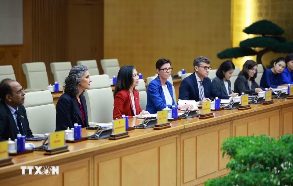 Bà Pauline Tamesis, Điều phối viên Thường trú Liên hợp quốc tại Việt Nam và Trưởng đại diện các tổ chức Liên hợp quốc tại Việt Nam tham dự buổi tiếp. (Ảnh: Dương Giang/TTXVN)