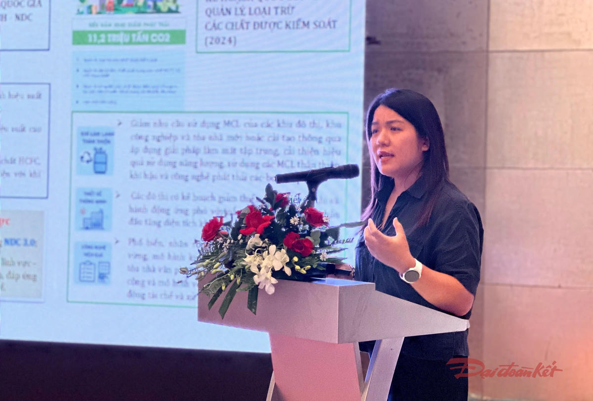 Bà Nguyễn Đặng Thu Cúc, Phó trưởng phòng Quản lý phát thải khí nhà kính và Bảo vệ tầng ô-dôn - Cục Biến đổi khí hậu phát biểu. Ảnh: Ánh Tuyết.