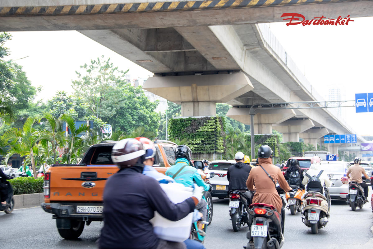 Một trong những vị trí thu hút sự chú ý trong đợt thí điểm là 3 trụ đường sắt đô thị trên đường Nguyễn Trãi, đoạn trước khu vực Royal City. Những trụ bê tông lớn được bổ sung hệ thống giàn thép bao quanh để trồng cây xanh.