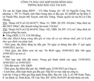 Công ty đấu giá Hợp danh Sông Hậu thông báo Đấu giá tài sản