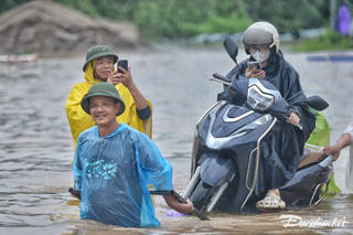 Hà Nội: Xe bò 'cõng' xe máy qua 'biển nước'