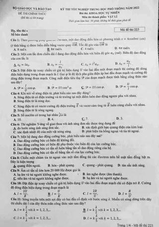 Đáp án gợi ý môn Vật lý thi tốt nghiệp THPT 2022