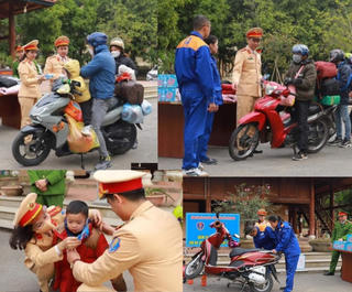 Xúc động hình ảnh Công an tặng nước, áo ấm, thay dầu xe miễn phí cho người dân về quê đón Tết