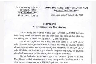 Thông báo của Ủy ban MTTQ tỉnh Nam Định về việc chấm dứt hợp đồng xây dựng