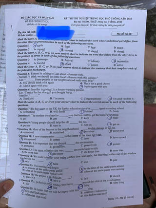 Đáp án gợi ý môn Ngoại ngữ Kỳ thi tốt nghiệp THPT 2022