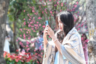 Nhiều người 'thả dáng' quanh hồ Gươm, bên hoa đào rực rỡ