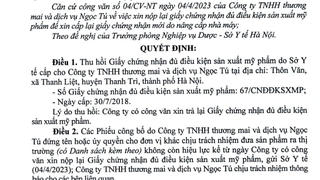 Thu hồi Giấy chứng nhận đủ điều kiện sản xuất mỹ phẩm Công Ty TNHH TM và DV Ngọc Tú