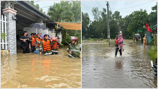 Công an Phú Quốc hỗ trợ người dân khu vực ngập sâu do mưa lớn
