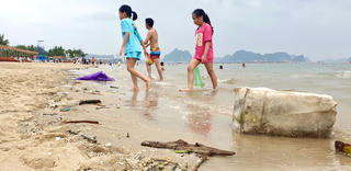 Du khách đến Hạ Long tắm biển, vui đùa bên... phao xốp