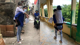 Tình nguyện viên cõng nữ sinh teo chân từ nhà tới tận phòng thi