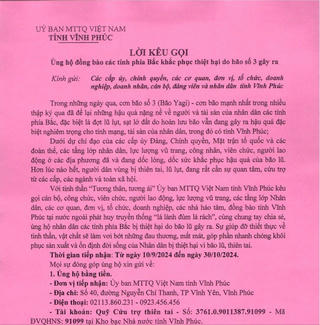 Mặt trận tỉnh Vĩnh Phúc kêu gọi ủng hộ khắc phục thiệt hại do bão số 3 gây ra