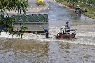 Hai tuần sau bão, người dân vẫn phải dùng xe bò vượt qua vũng ngập ở Đại lộ Thăng Long