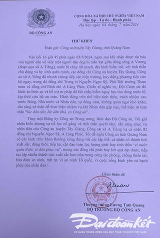 Quảng Nam: Bộ trưởng Bộ Công an gửi Thư khen Công an huyện Tây Giang