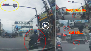 Kinh hãi xe máy vượt đèn đỏ, bị xe tải cán nát