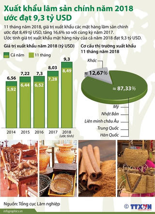[Infographics] Xuất khẩu lâm sản chính năm 2018 ước đạt 9,3 tỷ USD