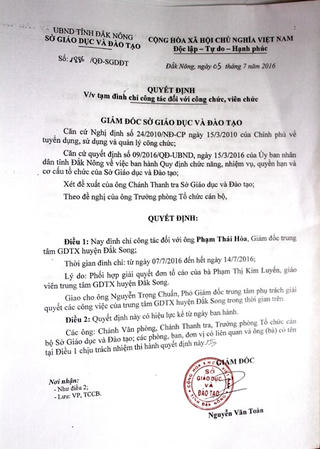 Đình chỉ công tác GĐ Trung tâm GDTX huyện Đắk Song