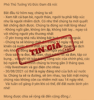 '7 lời khuyên chống dịch của Phó Thủ tướng Vũ Đức Đam' là giả mạo