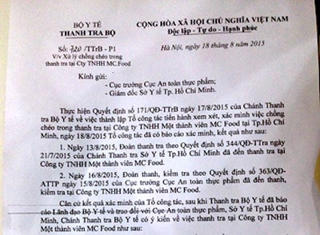 Giao Thanh tra Sở Y tế TP Hồ Chí Minh tiếp tục tiến hành thanh tra Công ty MC Food
