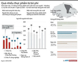 [Infographics] 1,3 tỷ tấn thực phẩm bị mất mát hoặc lãng phí mỗi năm
