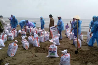 Thanh Hóa: Dân đổ ra biển lấy cát làm 'vũ khí' chống bão