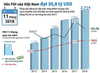 Tổng vốn FDI vào Việt Nam trong 11 tháng đạt 30,8 tỷ USD