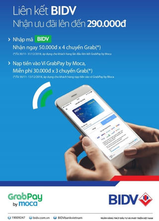Khách hàng BIDV nhận thêm ưu đãi lên đến 290.000đ khi liên kết Grabpay by Moca