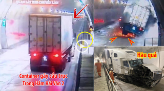 [VIDEO] Gãy cầu trục, xe container mất lái đâm vào thành hầm Hải Vân 2, tóe lửa