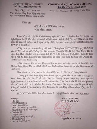 Sở GTVT tỉnh Thừa Thiên – Huế ‘sửa sai’ sau khi ban hành văn bản tạm dừng vận chuyển hành khách từ Quảng Trị