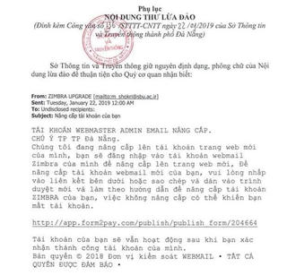 Thư lừa đảo phát tán vào email công vụ TP Đà Nẵng