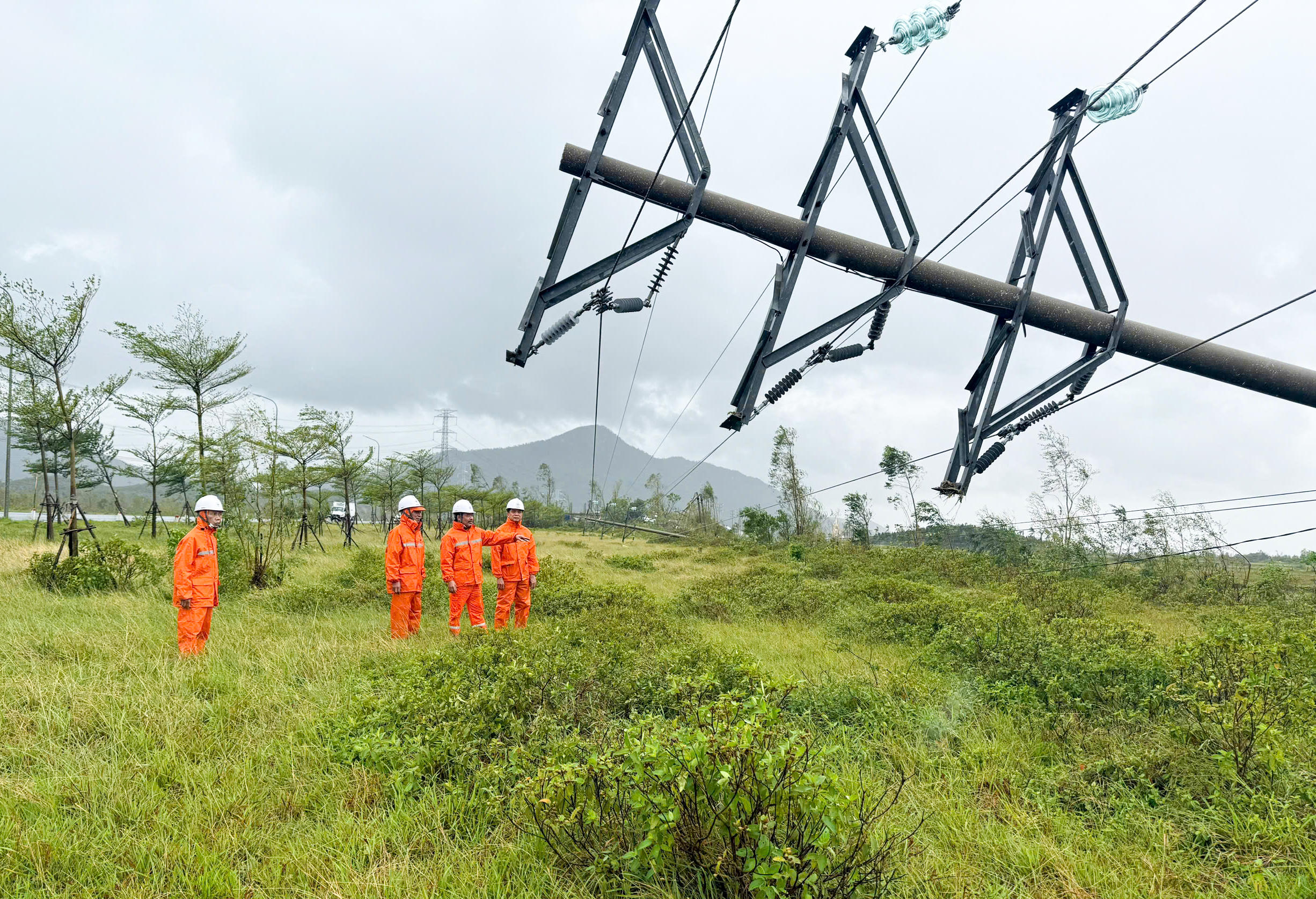 Lãnh đạo Công ty Điện lực Hà Tĩnh có mặt tại hiện trường để chỉ đạo kiểm tra, thống kê thiệt hại và triển khai phương án khắc phục. Ảnh: Cẩm Kỳ.