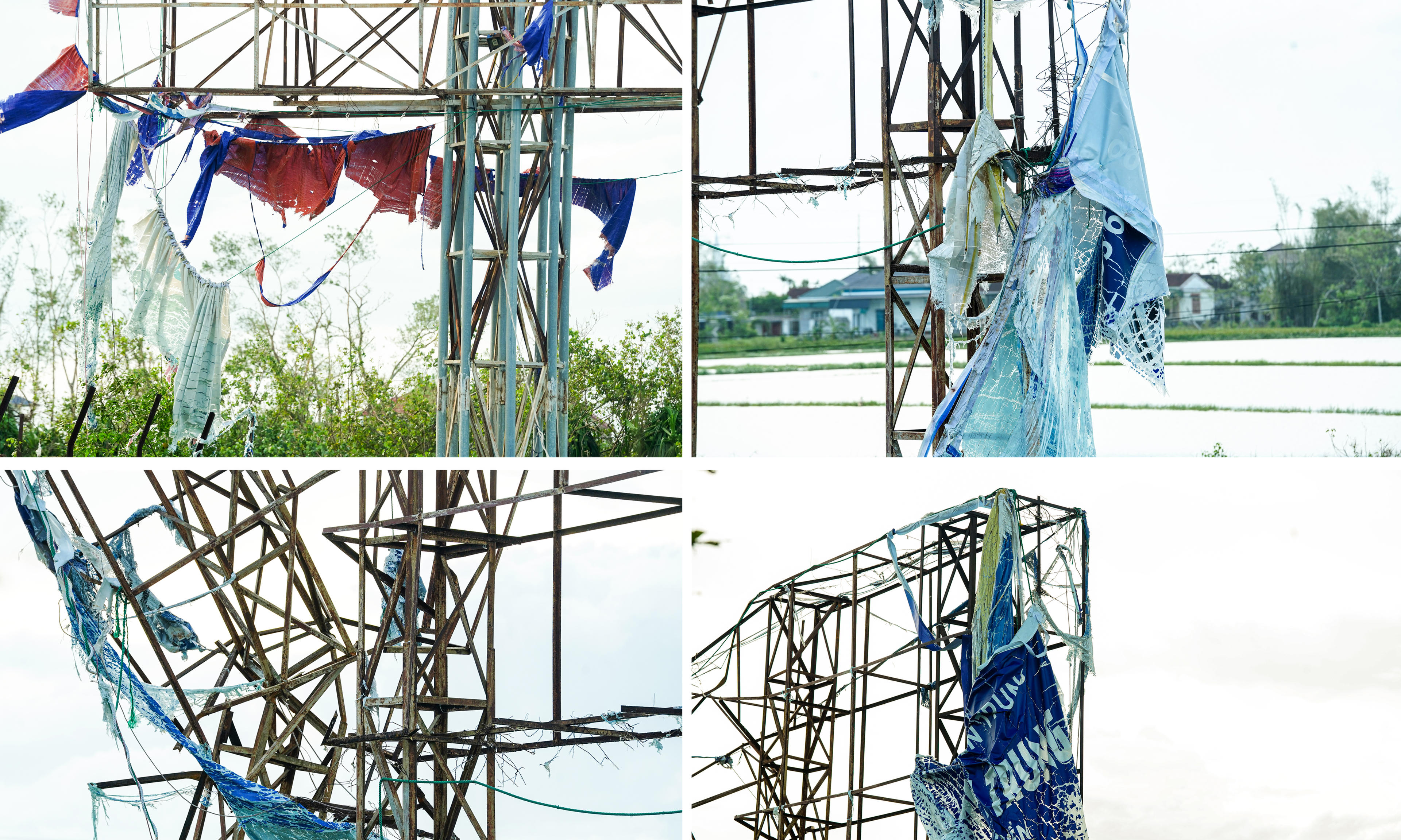 Theo ghi nhận, sau khi bão số 5 và bão số 10 vừa qua quét qua địa bàn, nhiều bảng biển ở xã Can Lộc bị gió giật mạnh, hư hỏng nặng hơn, tấm bạt bị xé rách, khung thép cong vênh, xiêu vẹo, có nơi ngã đổ ra lòng đường. Một số vị trí, mảnh kim loại gỉ sét còn đung đưa trên cao, gây lo ngại cho người dân khi lưu thông. Ảnh: Cẩm Kỳ